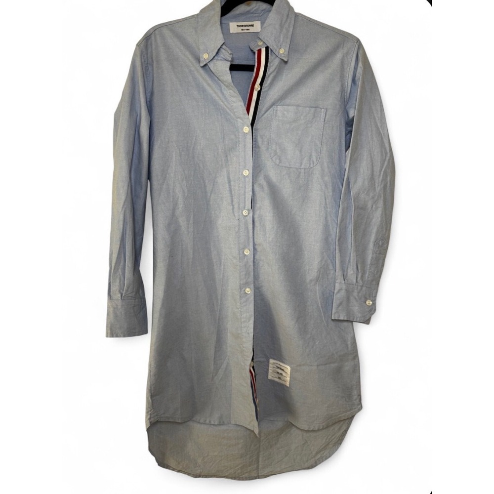 Thom Browne New York Blue Wool Oxford Shirt Dress RWB Grosgrain Placket